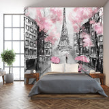 Oil Painting, Paris, European City Landscape, Eiffel Tower, Black, White and Pink Wallpaper Bedroom Mural