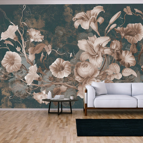 Beautiful Flowers Illustration on Dark Concrete Grunge Wall Wallpaper Living Room Mural