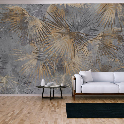 Drawn Exotic Tropical Leaves on Concrete Grunge Wall. Floral Background Wallpaper Living Room Mural