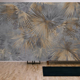 Drawn Exotic Tropical Leaves on Concrete Grunge Wall. Floral Background Wallpaper Living Room Mural