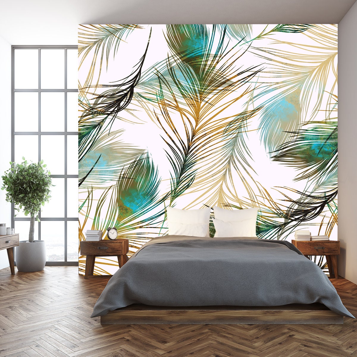 Imprints Peacock Feathers. Hand Painted Seamless Pattern Wallpaper Bedroom Mural