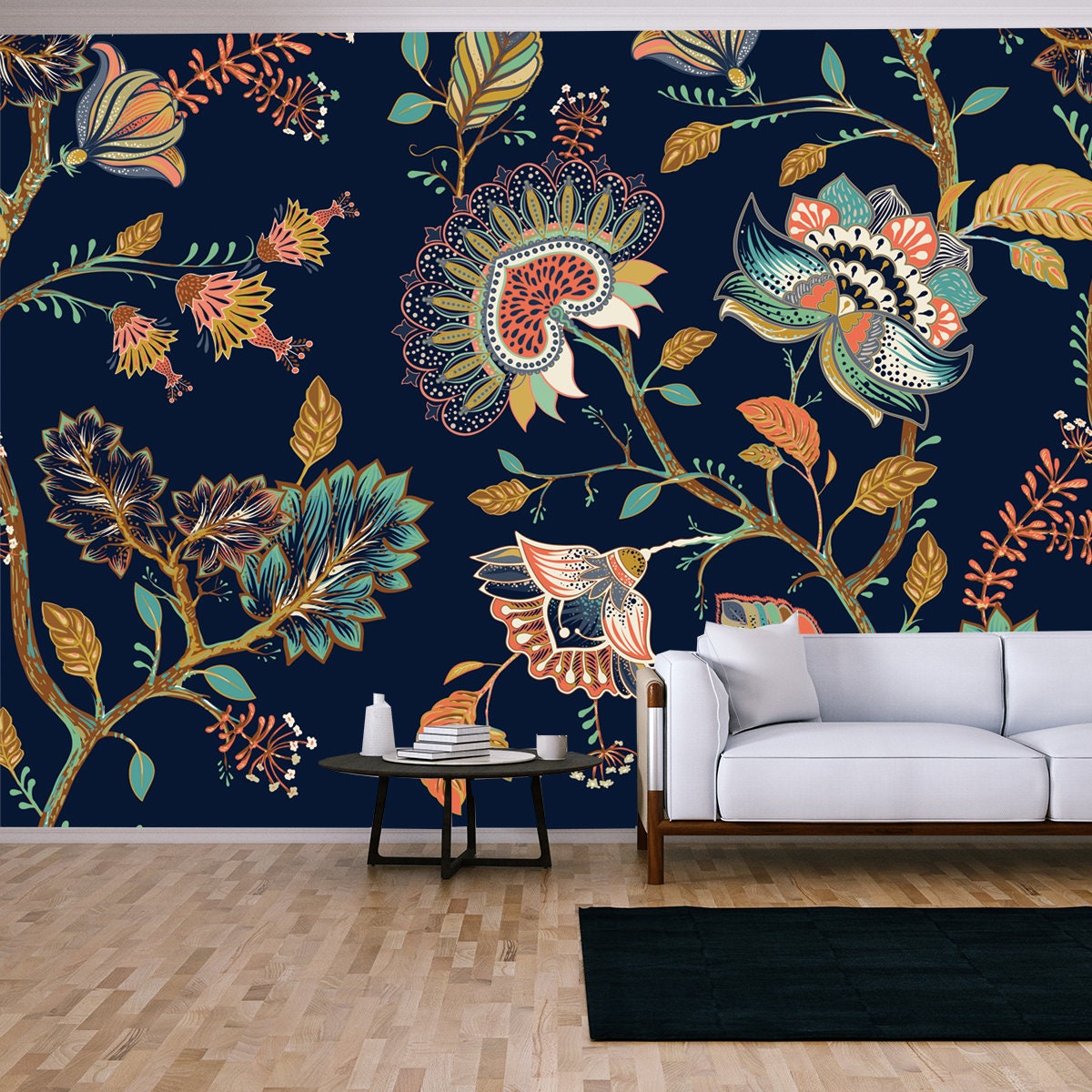 Colorful Seamless Vector Pattern with Decorative Flowers and Plants. Indian Style, Indonesian Batik Wallpaper Living Room Mural