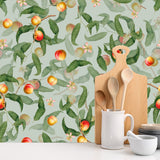 Seamless Pattern with Peach Fruits, Blossom and Green Leaves on Green Background, Vintage Botanical Wallpaper Kitchen Wallpaper Mural