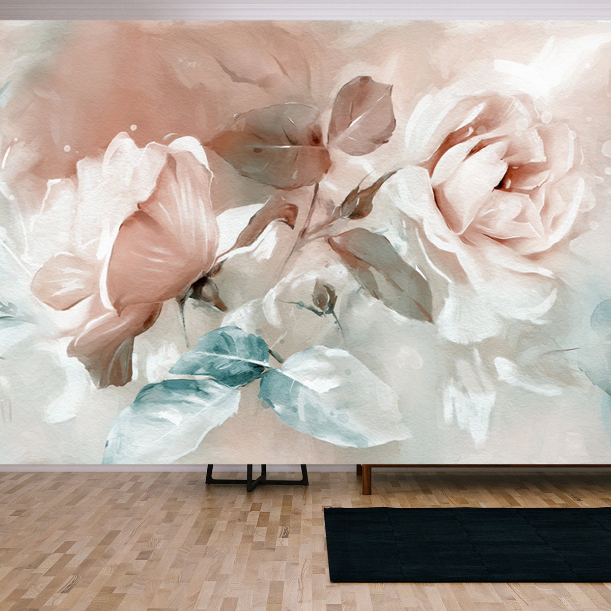 Oil Painting with Flower Rose, Leaves. Botanic Print Background Wallpaper LivingRoom Mural