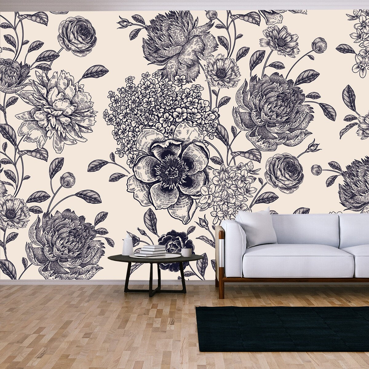 Floral Seamless Pattern Flowers Roses, Peonies, Hydrangea. Black  and White. Victorian Style Wallpaper Living Room Mural