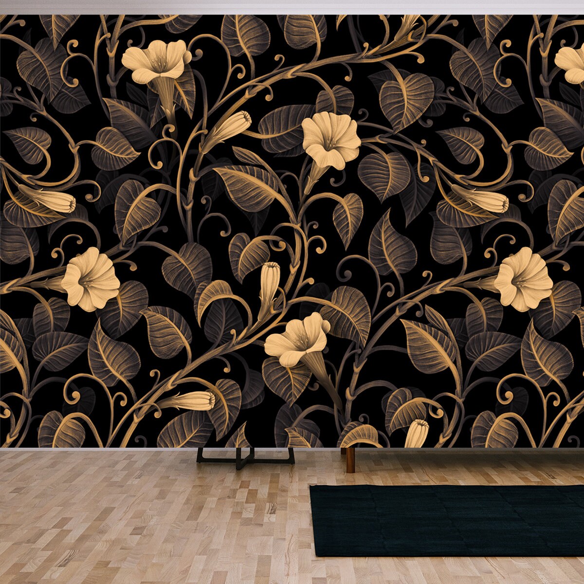 Dark Golden Vintage Ivy Leaves, Beautiful Delicate Flowers Wallpaper Living Room Mural