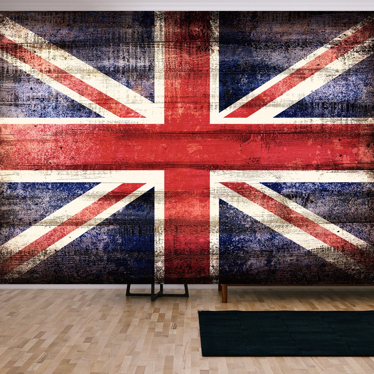 British Union Jack Flag Painted on Old Plank Dark Wall Wallpaper Living Room Mural