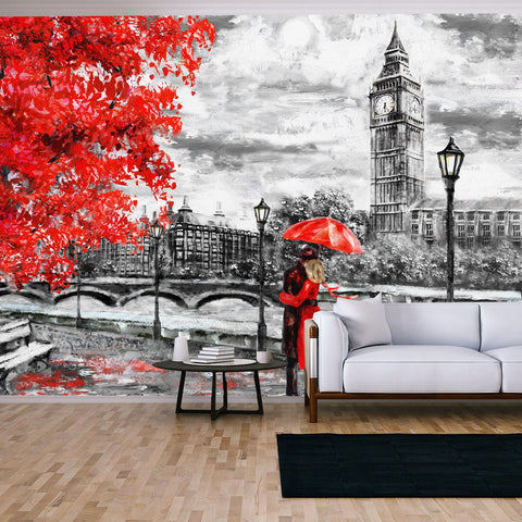 Oil Painting on Canvas, Street of London, Big Ben, Man and Woman Under a Red Umbrella Wallpaper Living Room Mural