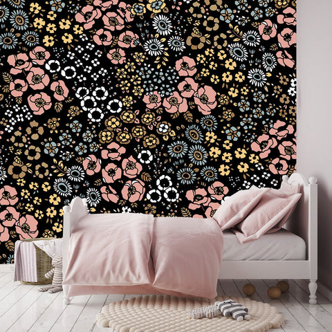 Seamless Vector Millefleurs Pattern, 70s Vintage Wallpaper Girls Bedroom Mural