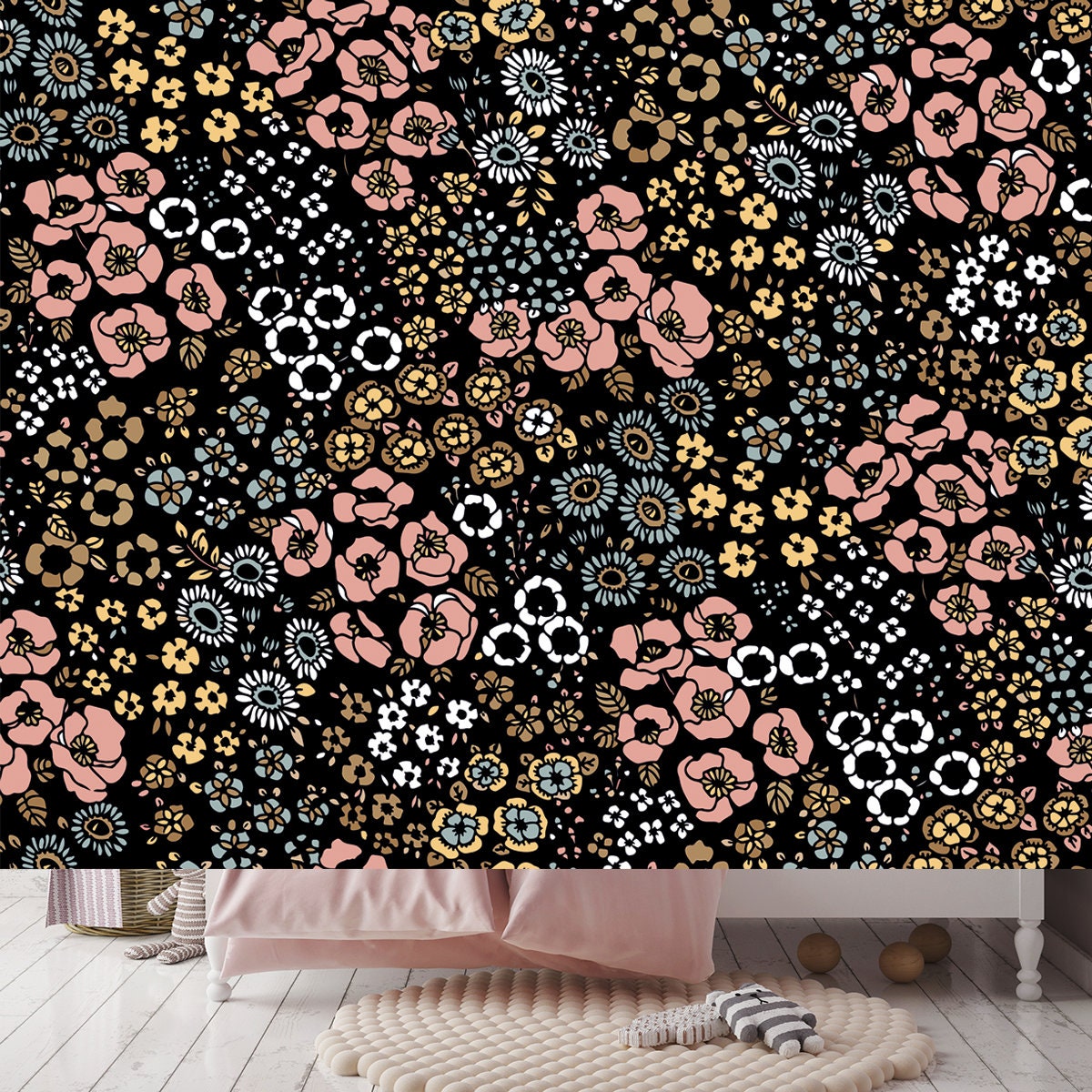 Seamless Vector Millefleurs Pattern, 70s Vintage Wallpaper Girls Bedroom Mural