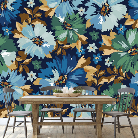 Blooming Spring or Fall Meadow Seamless Pattern. Plant Background. Blue and Green Flowers on Navy Wallpaper Dining Room Mural