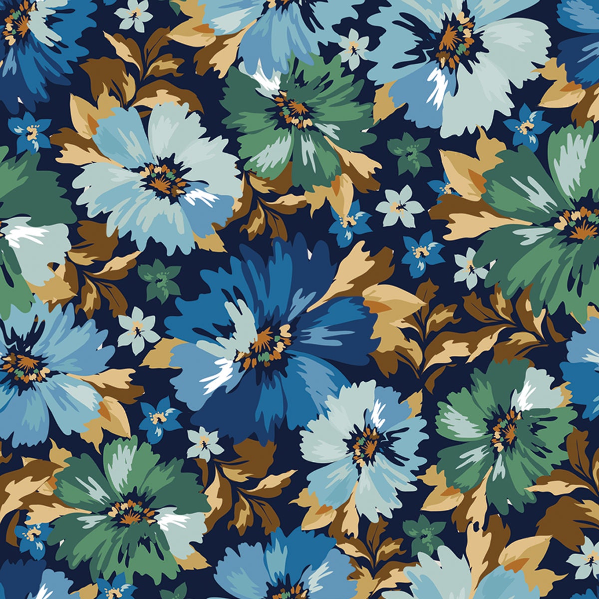 Blooming Spring or Fall Meadow Seamless Pattern. Plant Background. Blue and Green Flowers on Navy Wallpaper Dining Room Mural