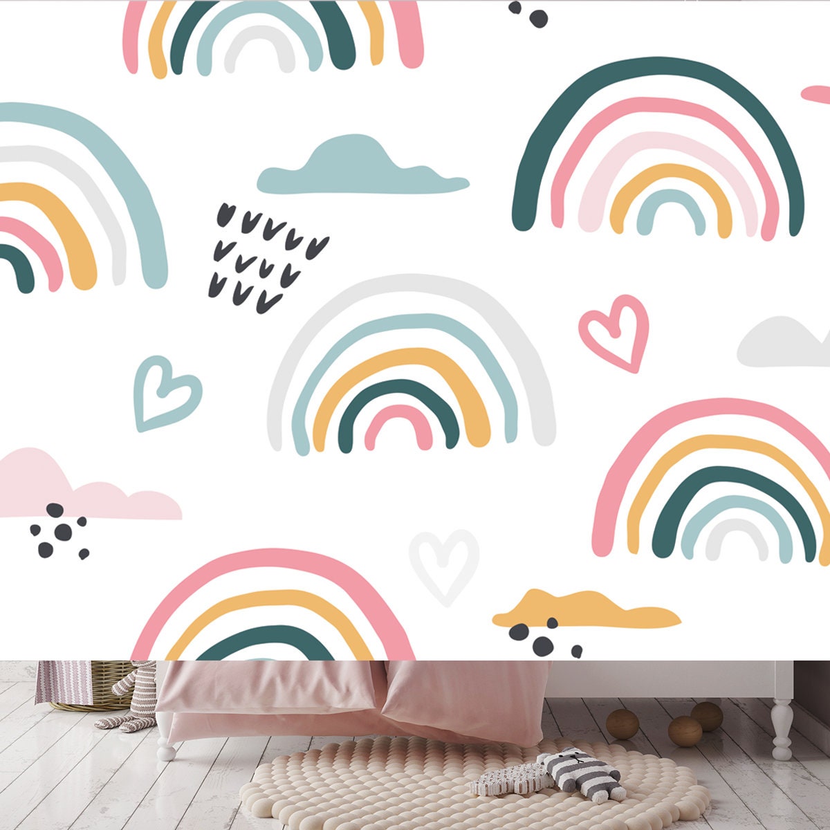 Seamless Vector Pattern with Hand Drawn Rainbows and Sun Wallpaper Girl Bedroom Mural