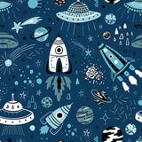 Space Background for Kids. Vector Seamless Pattern with Cartoon Rockets, Planets, Stars, Comets and UFOs Wallpaper Boy Bedroom Mural