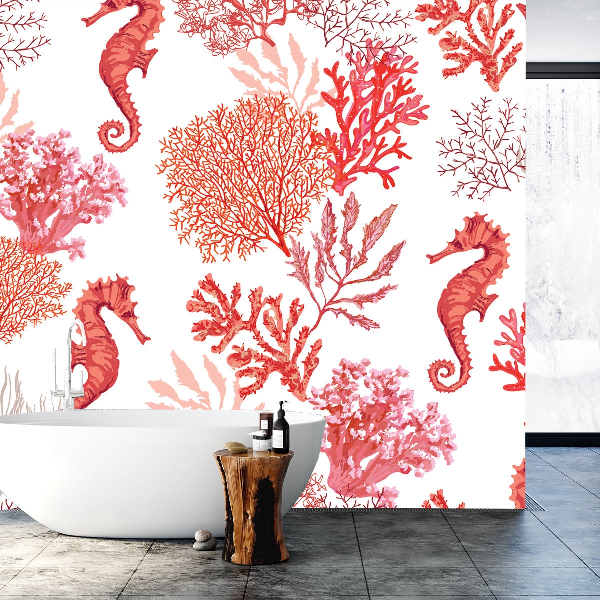 Beautiful Hand Drawn Botanical Vector Seamless Pattern Illustration with Tropical Corals Sea Horse Wallpaper Bathroom Mural