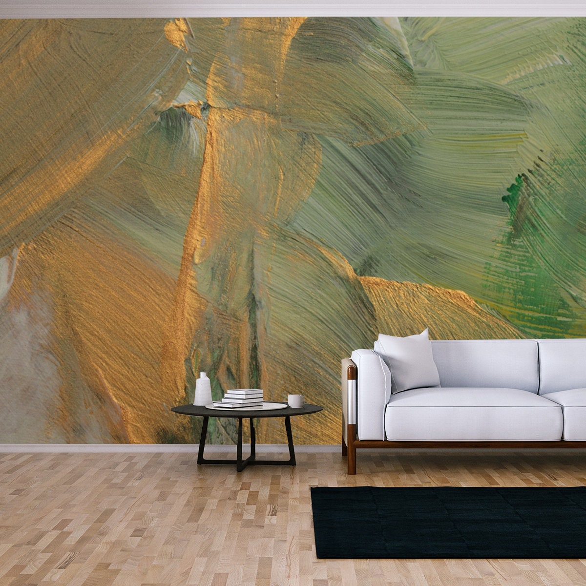 Modern Oil and Acrylic Smear Blot Painting Wall. Abstract Texture Beige, Gold, Green Color Wallpaper Living Room Mural