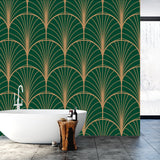 Art Deco Geometric Seamless Vector Pattern. Gold and Green Peacock Abstract Feathers Wallpaper Bathroom Mural