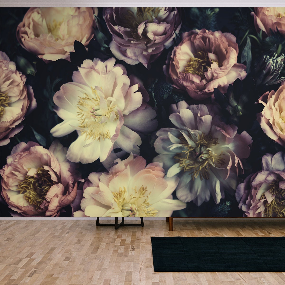 Vintage Bouquet of Beautiful Pale Peonies on Black. Floristic Decoration. Floral Background. Baroque Old Fashion Style Living Room Mural