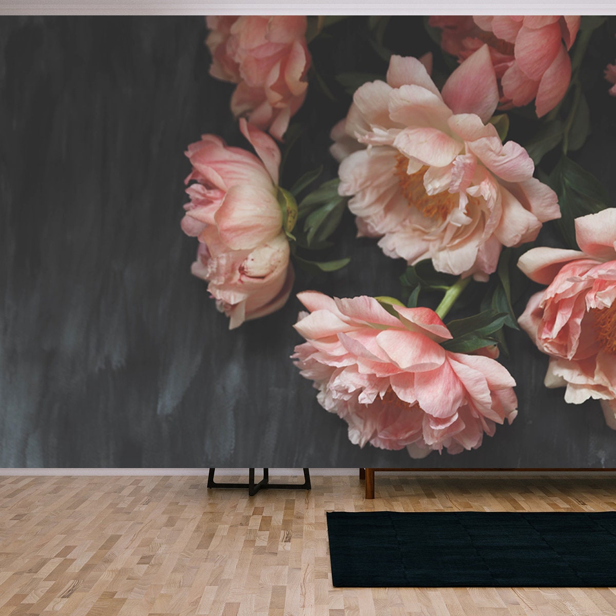 Withered Coral Peonies on Dark Vintage Background. Fading Flowers Herbarium Wallpaper Living Room Mural