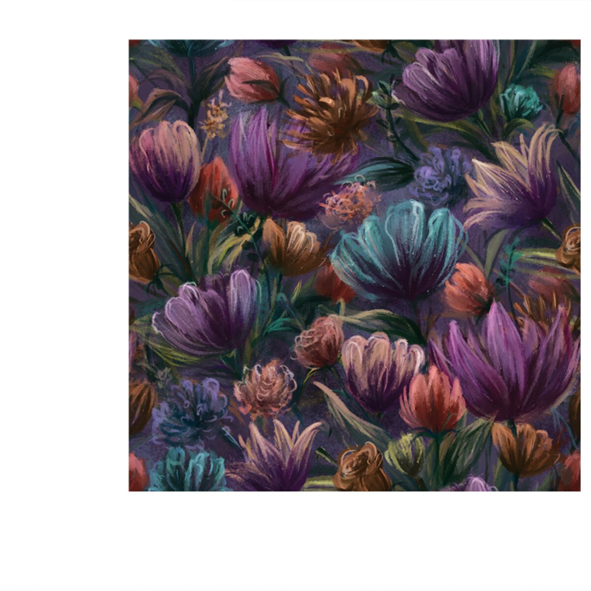 Floral Seamless Pattern with Hand-Painted Flowers of Tulip, Rose, Aster on Dark Violet Color Background Wallpaper Bedroom Mural