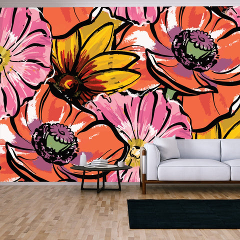 Red Large Flowers. Poppies, Rudbeckia and Mallow Wallpaper Living Room Mural