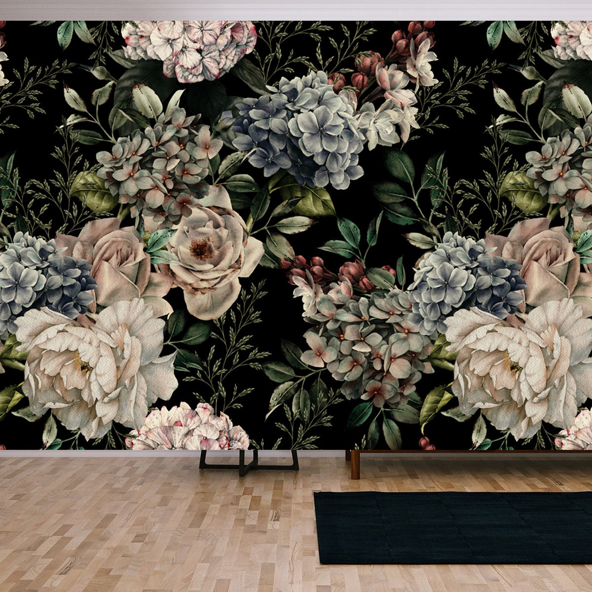 Seamless Floral Pattern with Flowers on Dark Background, Watercolor Wallpaper Living Room Mural