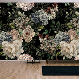 Seamless Floral Pattern with Flowers on Dark Background, Watercolor Wallpaper Living Room Mural