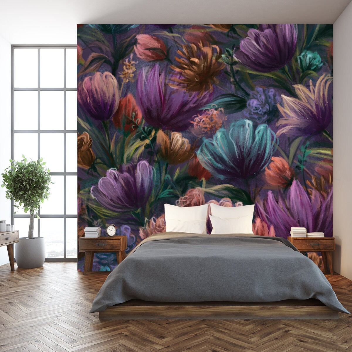 Floral Seamless Pattern with Hand-Painted Flowers of Tulip, Rose, Aster on Dark Violet Color Background Wallpaper Bedroom Mural