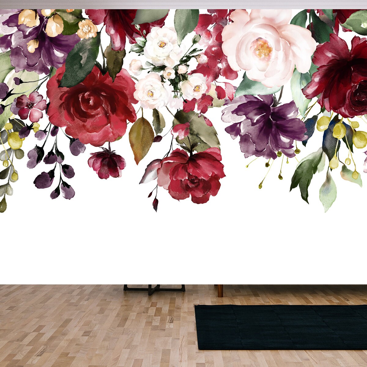 Watercolor Floral Arrangements with Leaves, Herbs. Herbal Illustration Wallpaper Living Room Mural