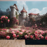 Fantasy Garden Castle with Many Flowers, Roses and Clouds Wallpaper Living Room Mural