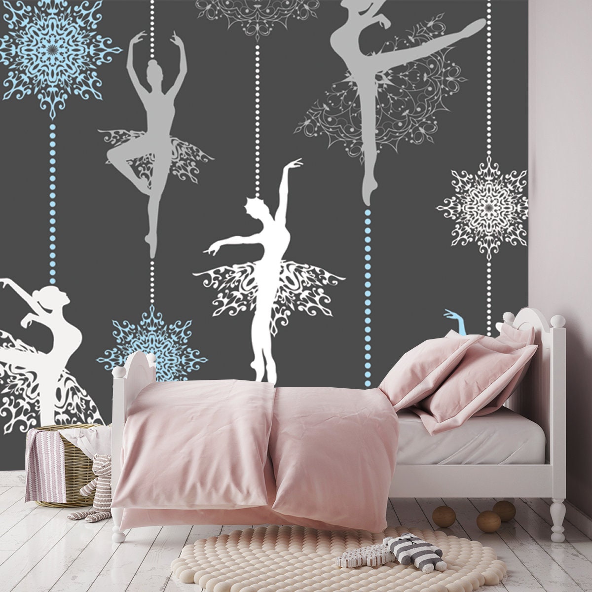 Pattern with Ballerinas and Snowflakes Wallpaper Girl Bedroom Mural