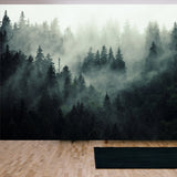 Misty Landscape with Fir Forest in Hipster Vintage Retro Style Wallpaper Living Room Mural