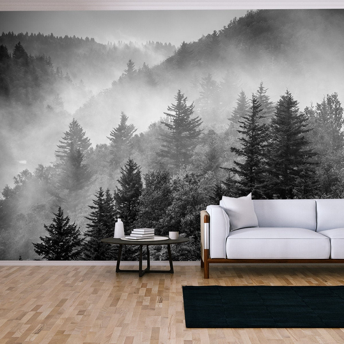 Black and White Image of the Clouds Flowing Through the Pine Trees Along the Blue Ridge Parkway Wallpaper Living Room Mural