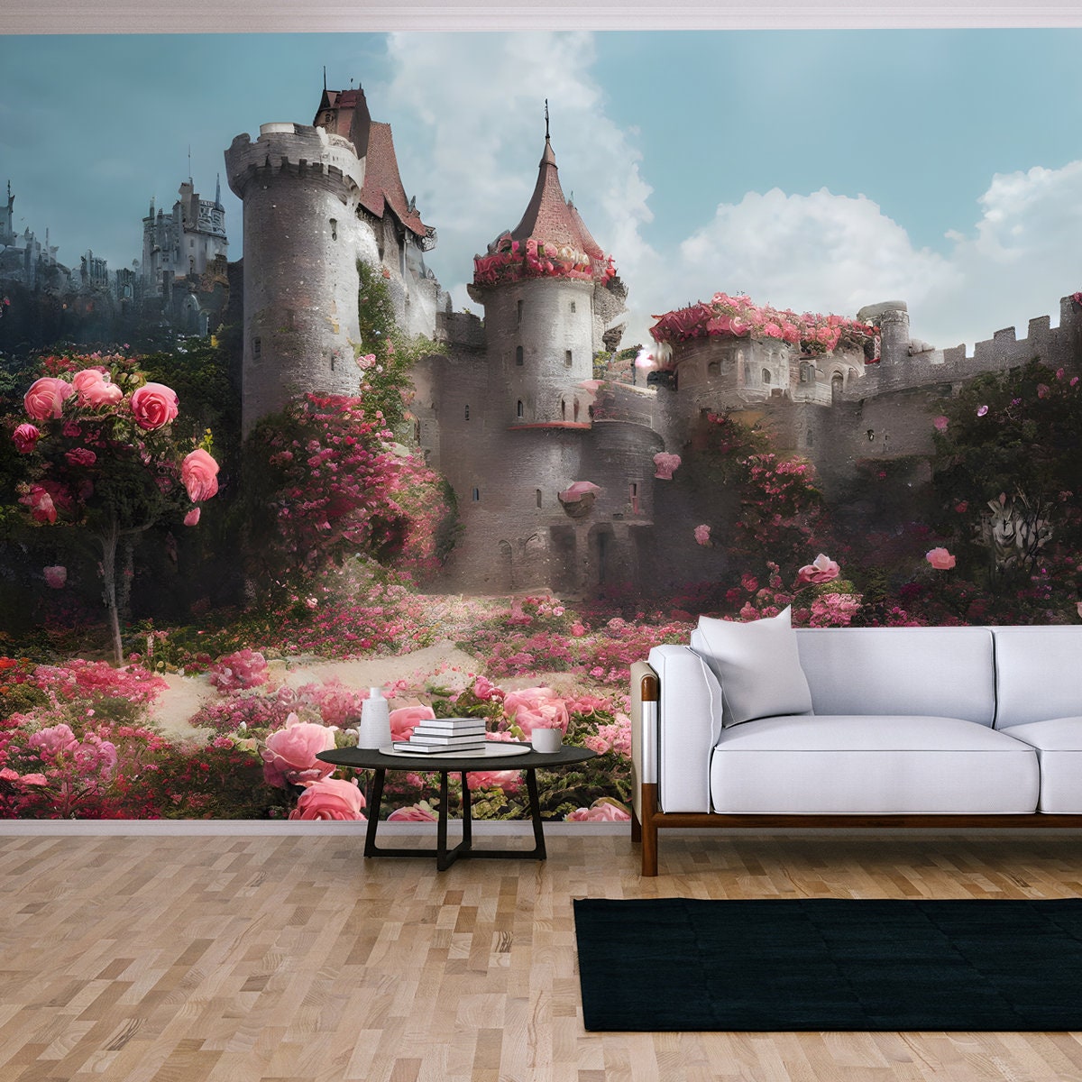 Fantasy Garden Castle with Many Flowers, Roses and Clouds Wallpaper Living Room Mural