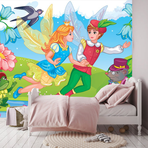 Thumbelina and Little Prince. Elf Princess. Fairy Tale Background. Flower Meadow and Rainbow Wallpaper Girl Bedroom Mural