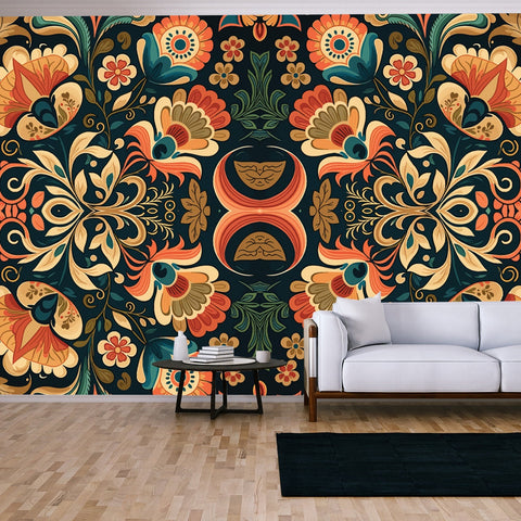 Ethnic Floral Pattern. Abstract Traditional Folk Old Ancient Antique Tribal Ethnic Flower Wallpaper Living Room Mural