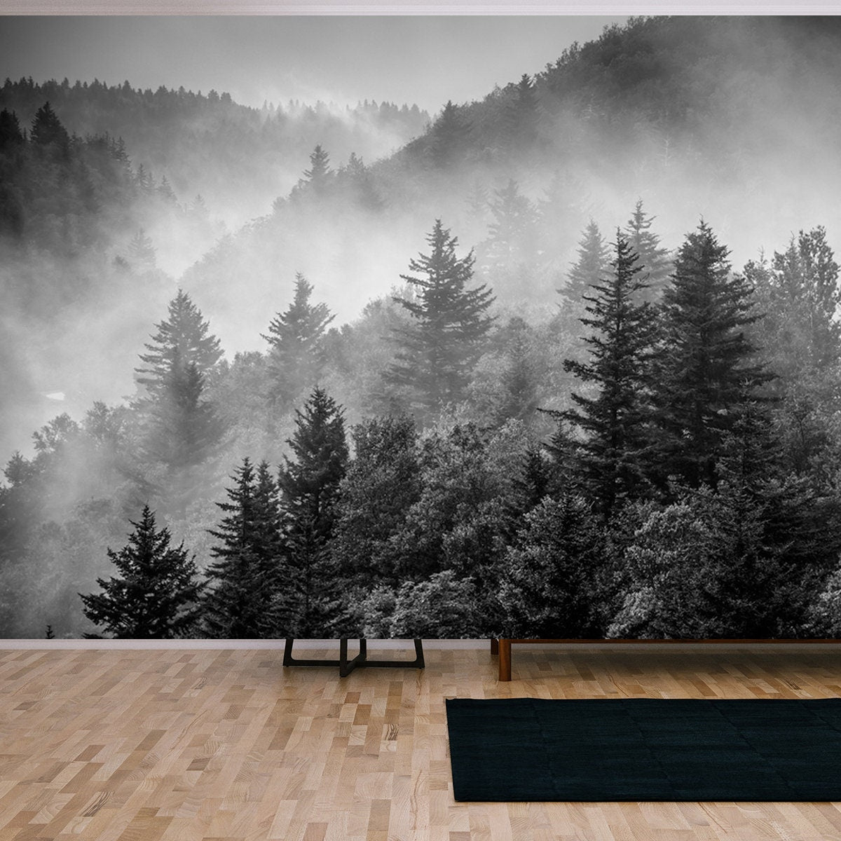 Black and White Image of the Clouds Flowing Through the Pine Trees Along the Blue Ridge Parkway Wallpaper Living Room Mural