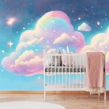 Rainbow White Fluffy Clouds Sky with Stars. Fairy Tale Cartoon Pastel Pink Blue Heaven Wallpaper Nursery Mural