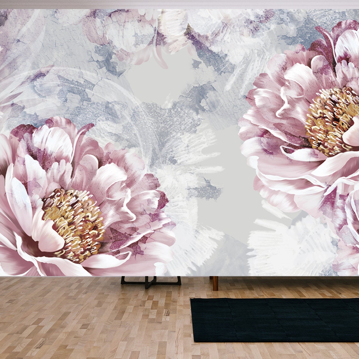 Drawn Art Peonies with Imitation of Scuffs Wallpaper Living Room Mural