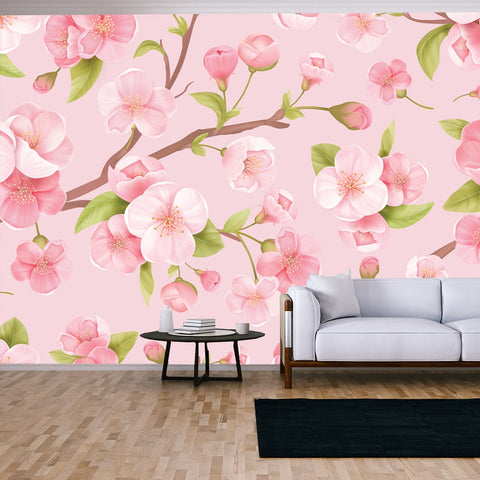 Realistic Pink Sakura Blossom. Japanese Flowering Cherry Exotic Texture Wallpaper Living Room Mural