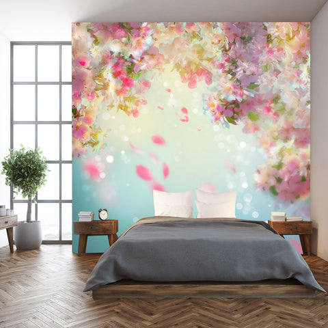 Spring Cherry Blossom with Falling Petals Wallpaper Bedroom Mural