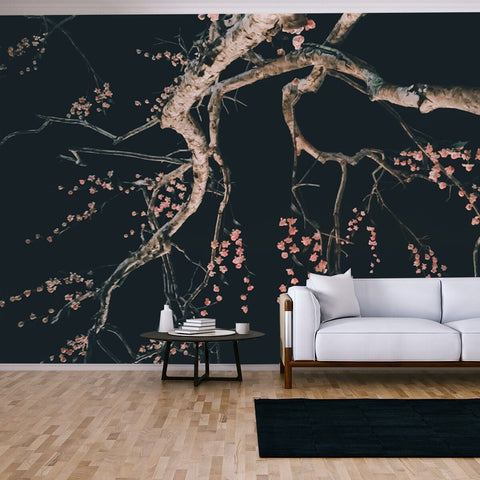 Abstract Blurred Artificial of Pink Sakura Flower Decorate on Dry Tree in Night Garden Wallpaper Living Room Mural