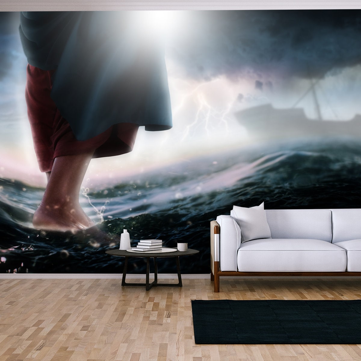 Jesus Walks on Water Across the Sea Towards a Boat During a Storm Wallpaper Living Room Mural