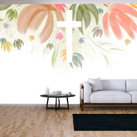 Border Watercolor Easter. Floral Crosses Wallpaper Living Room Mural