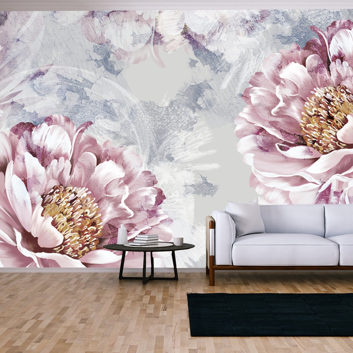 Drawn Art Peonies with Imitation of Scuffs Wallpaper Living Room Mural