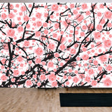 Full Bloom Pink Sakura Tree (Cherry Blossom) Black Wood Isolated on White, Flower Branch Backdrop Wallpaper Living Room Mural