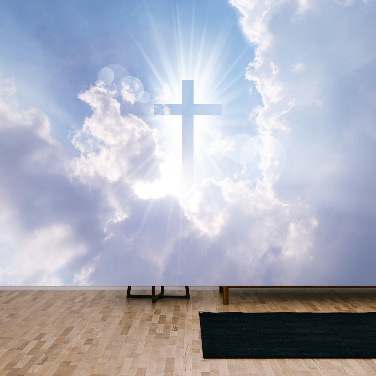 Christian Cross Appears Bright in the Sky Background Wallpaper Living Room Mural