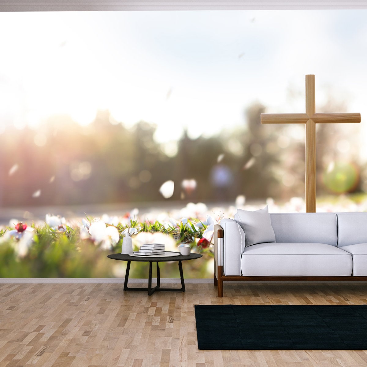 Cross Symbolizing the Death and Resurrection of Jesus Christ, Spring Flowers, Falling Petals and Bright Sunlight Wallpaper Living Room Mural